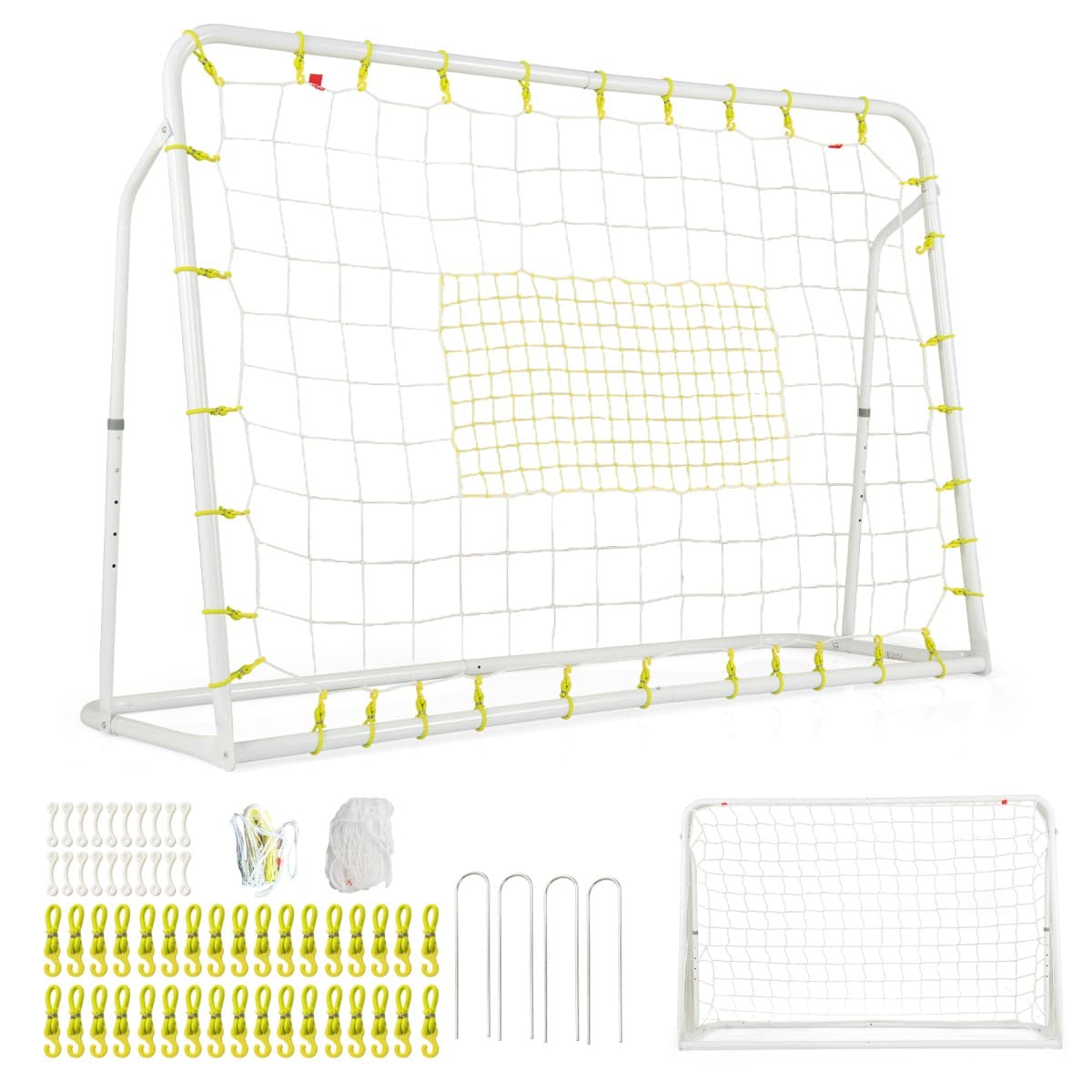 CostwayBut de Football Exterieur 2 en 1 à 187 x 122,5 cm Cage de Foot avec Filet de Rebond Angle Réglable Cadre en Métal pour 6+ Ans Blanc